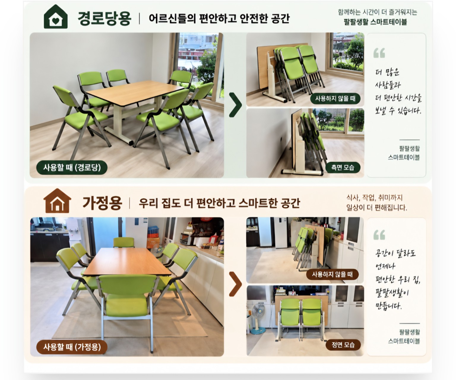 경로당용과 가정용 스마트테이블의 사용 및 접이 보관 모습